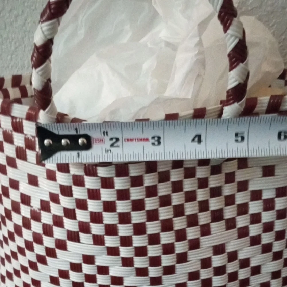 Handmade Mexican Bolsa Tejida Woven Plastic Tote Bag Terracotta White Open